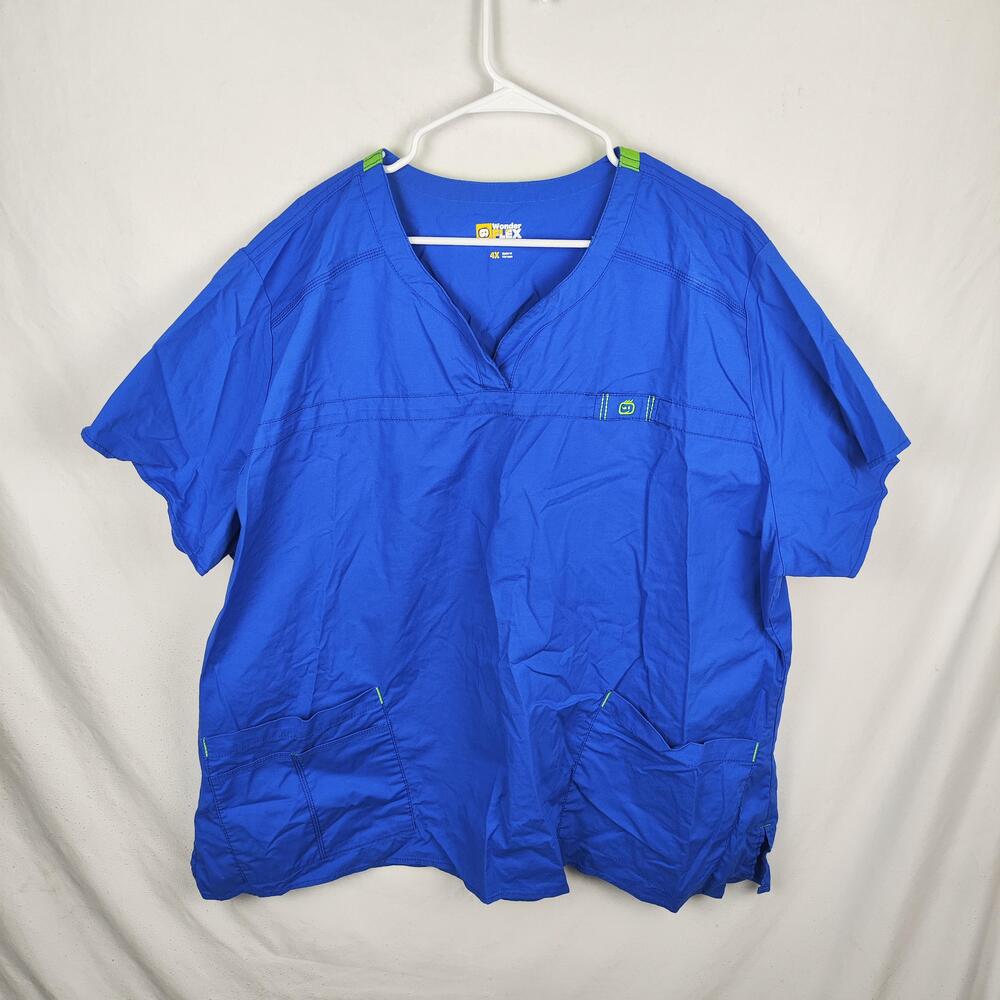 WonderFLEX Blouse Womens 4X Blue V Neck Scrub Tunic Pockets Contrast Trim
